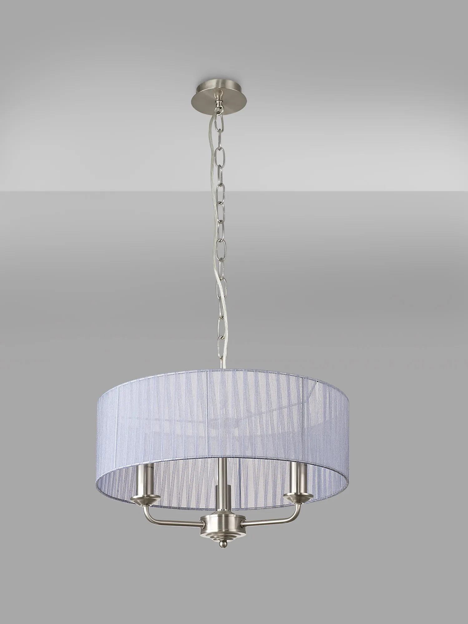 Banyan 3 Light Multi Arm Pendant With 45cm x 15cm Organza Shade Satin Nickel/Grey DK0879  Deco Banyan SN GR